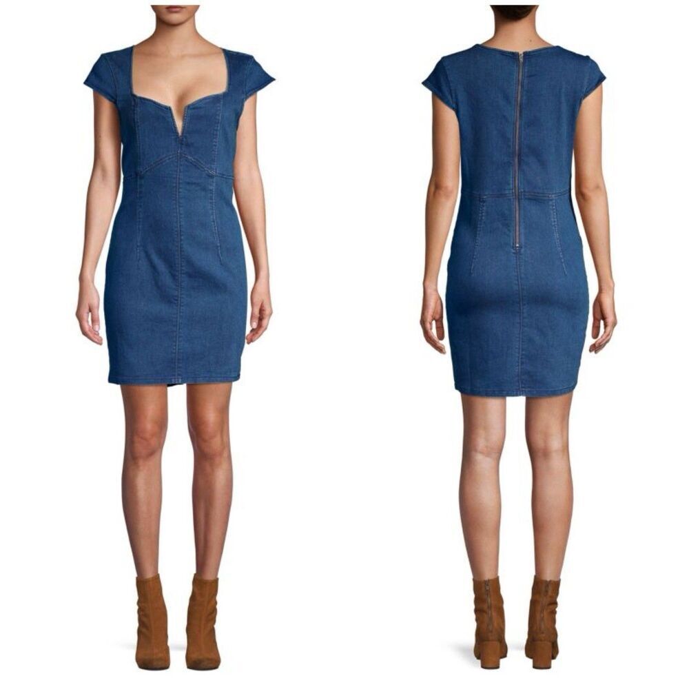 Free People Lia Denim Mini Dress Blue Cap Sleeve Bodycon Sweetheart Neckline XS
